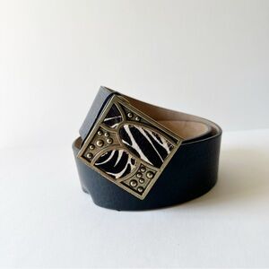 Adrienne Landau Black Leather Zebra Print Large Buckle Belt